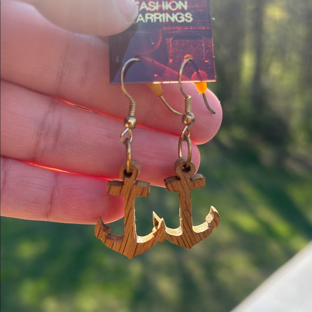 Wooden Anchor Drop Earrings - Brown